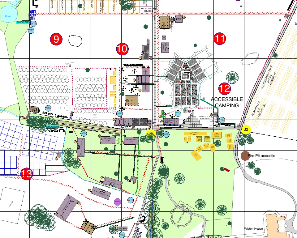 Detail from the Wildfires 2026 CAD site plan, showing venues and temporary infrastructure