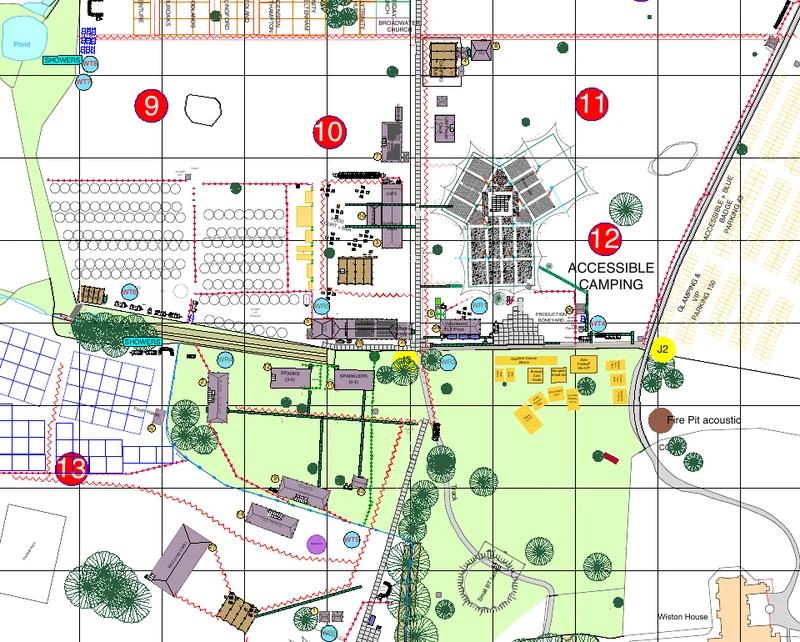 Cropped CAD site-plan detail showing temporary venues and their surrounding infrastructure